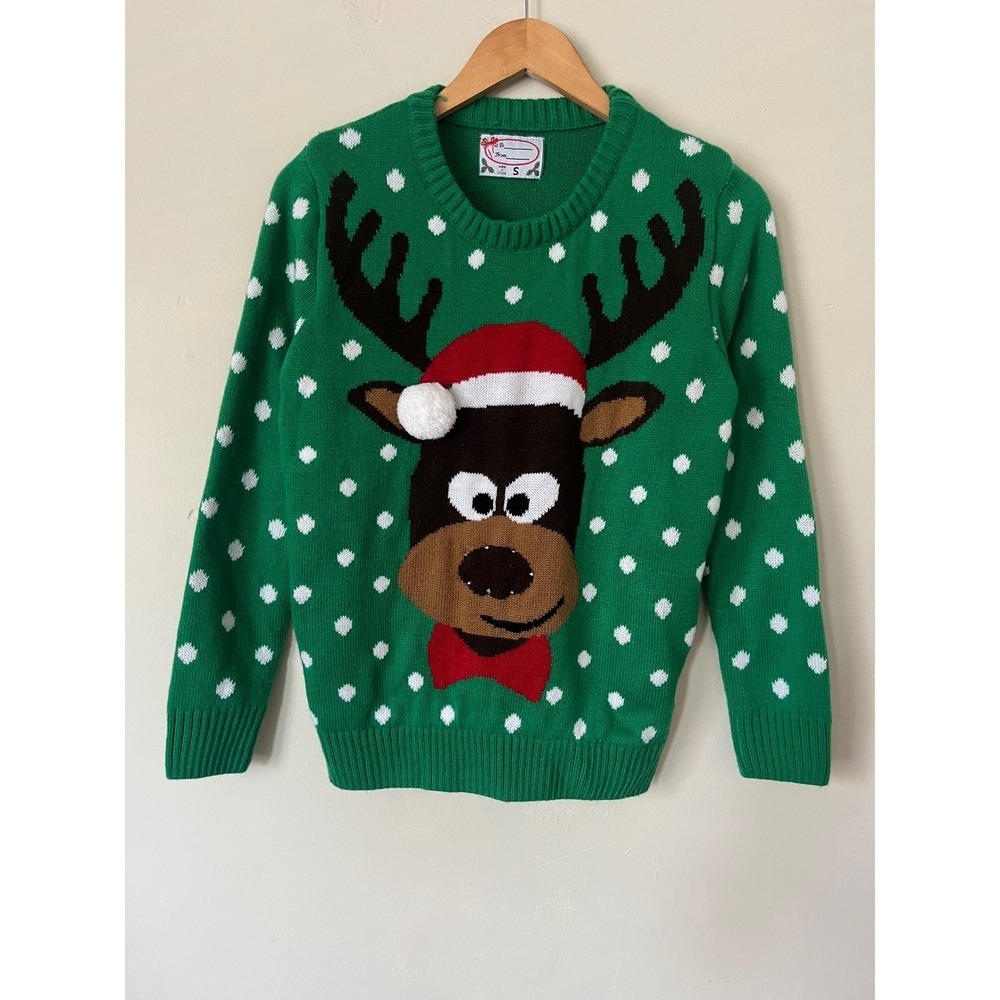 Holiday Reindeer Christmas Sweater Green Polka Dot Santa Hat Pom Pom Small